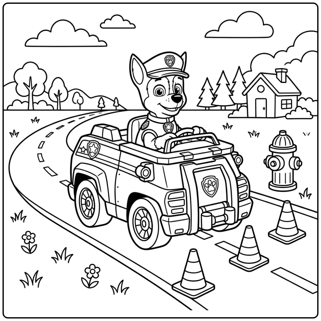 Chase in zijn politiewagen, een spannende paw patrol auto kleurplaat.