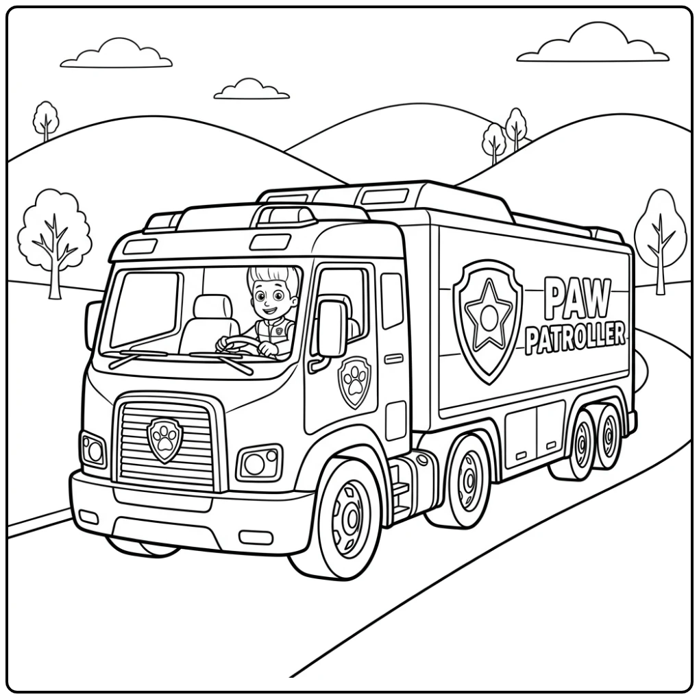 Ryder in de Paw Patroller truck: paw patrol auto kleurplaat