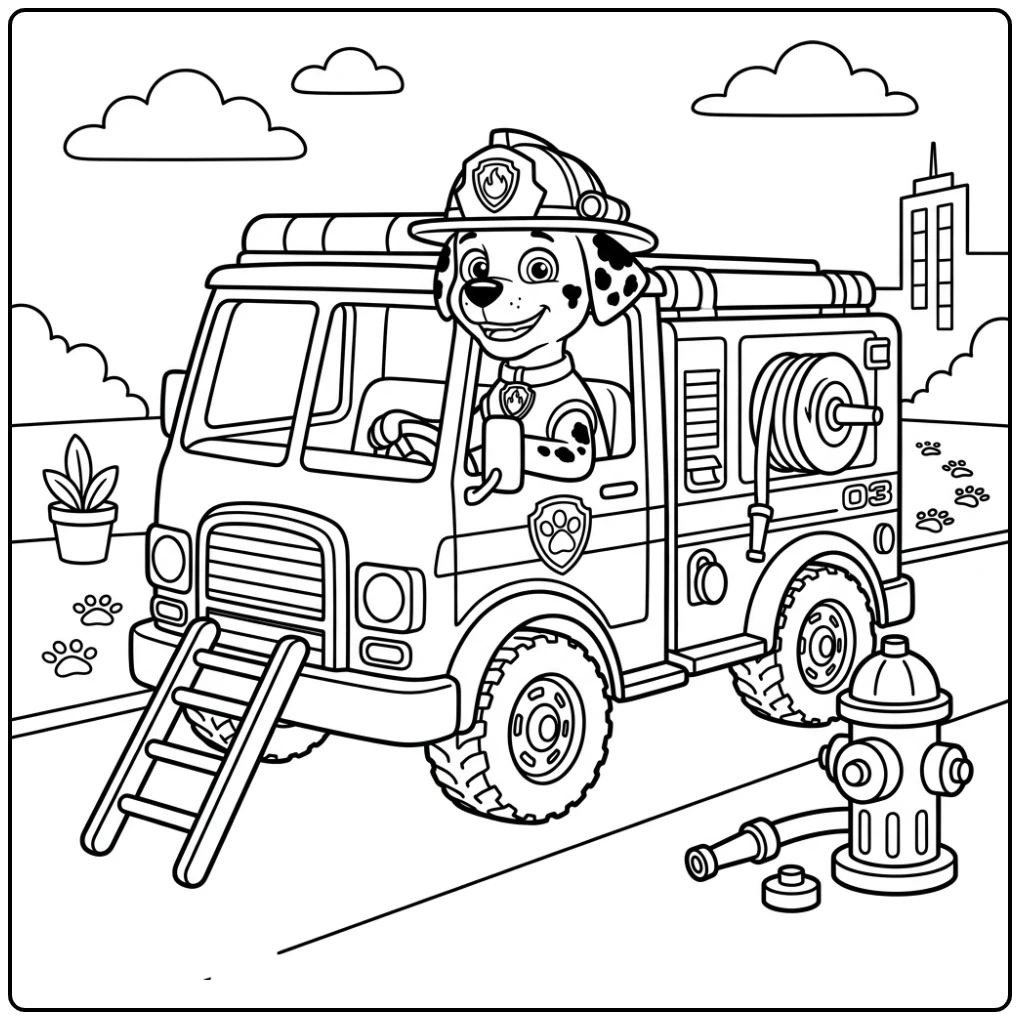 Paw patrol auto kleurplaat: Marshall in brandweerwagen, paraat!