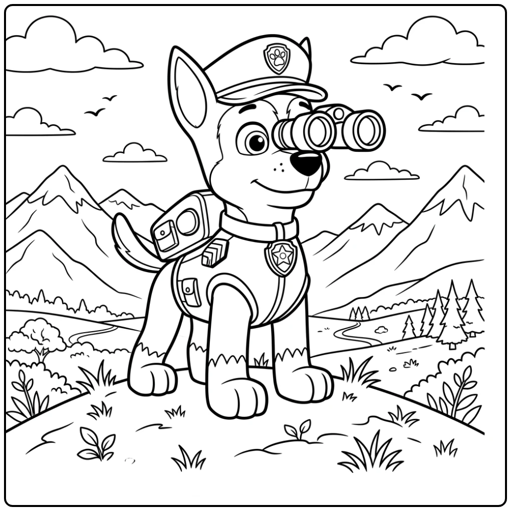 kleurplaat paw patrol chase speurt met verrekijker op heuvel
