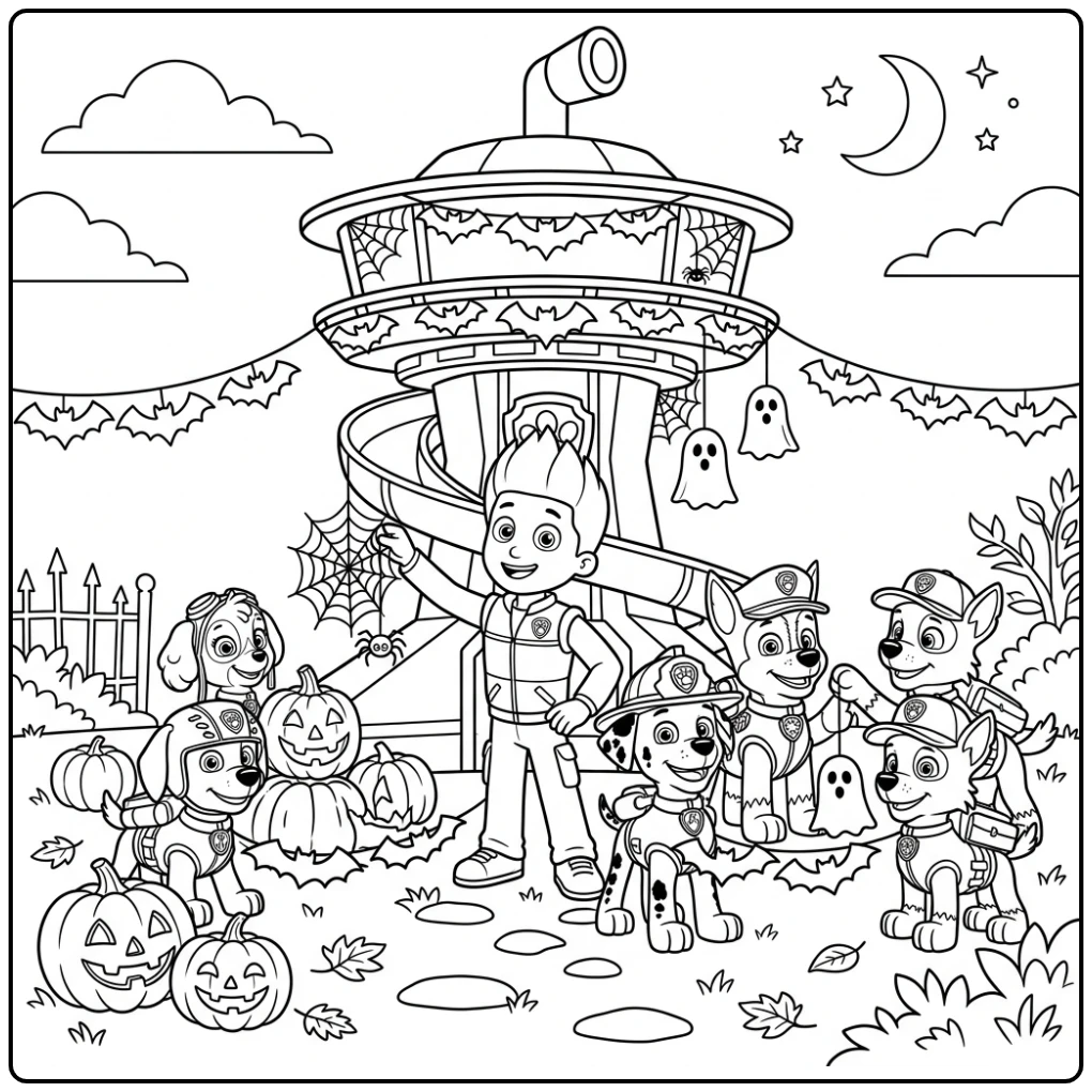 Leuke paw patrol halloween kleurplaat: Ryder en pups versieren uitkijktoren.