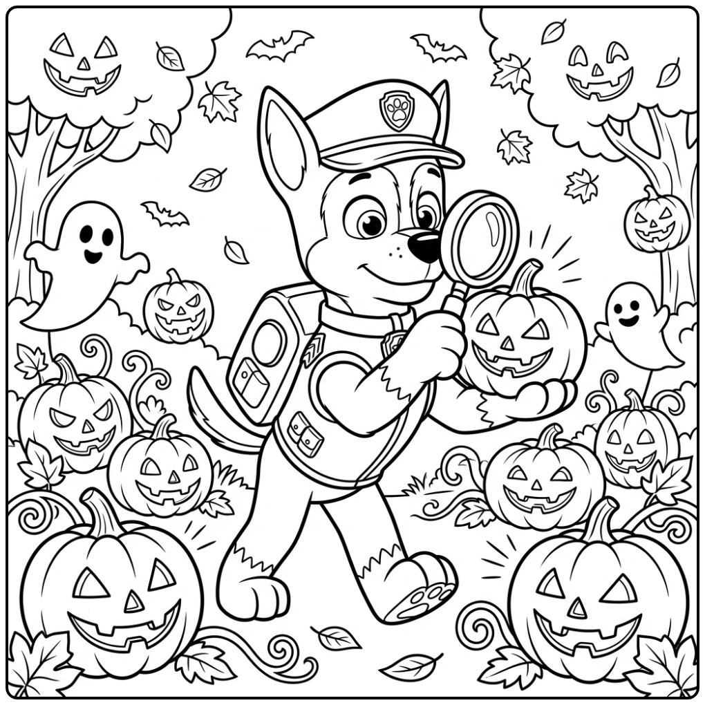 Chase onderzoekt een pompoenveld: paw patrol halloween kleurplaat