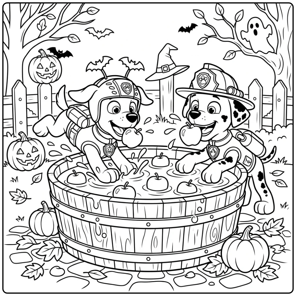 Zuma en Marshall appelhappen op deze paw patrol halloween kleurplaat
