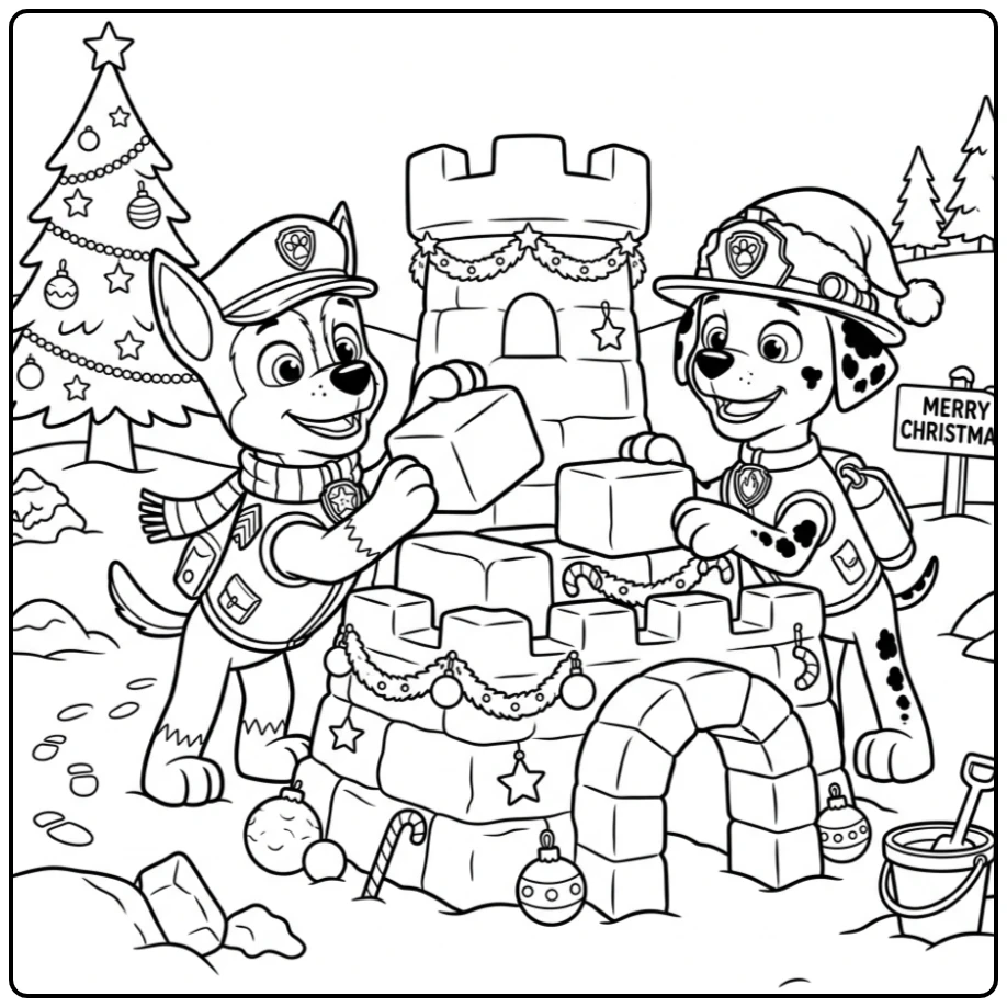 paw patrol kerst kleurplaat met Chase & Marshall die sneeuwfort bouwen.