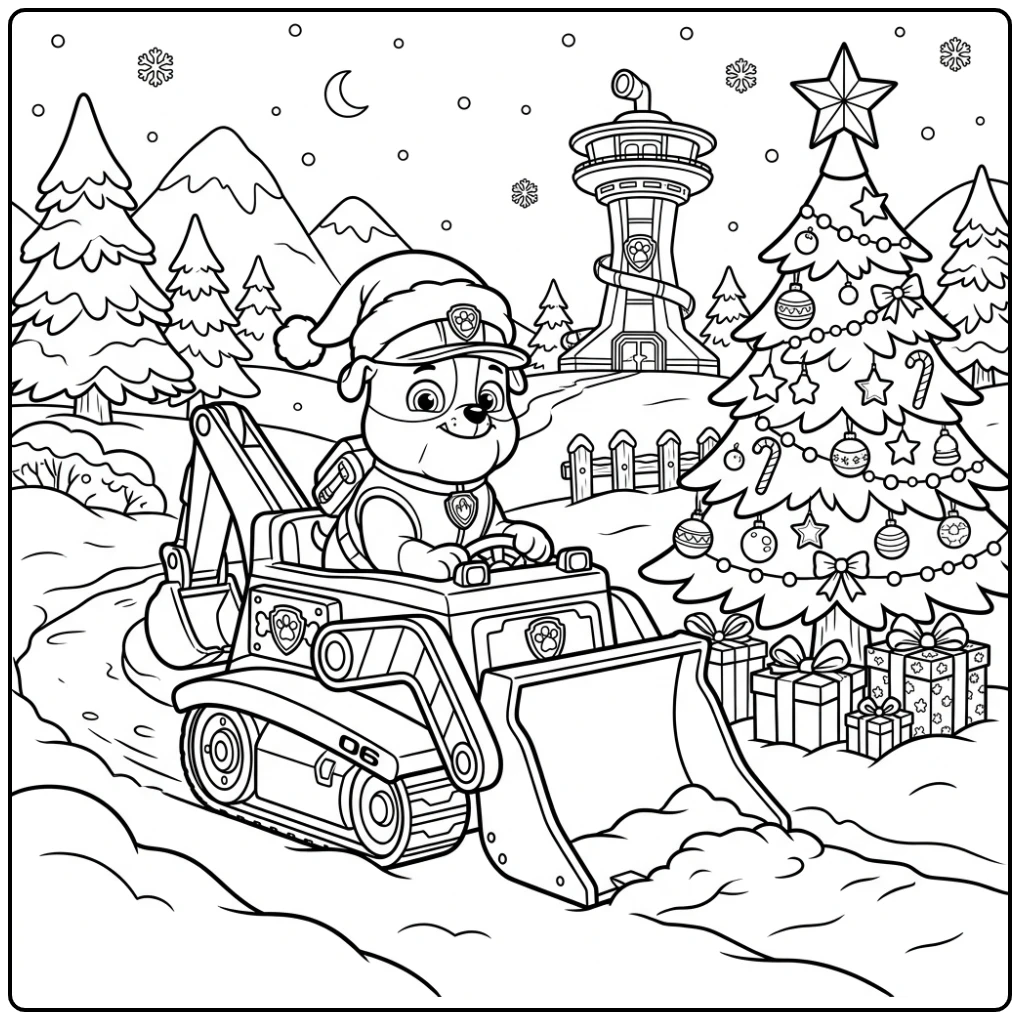 Rubble ruimt sneeuw bij kerstboom, een vrolijke paw patrol kerst kleurplaat.