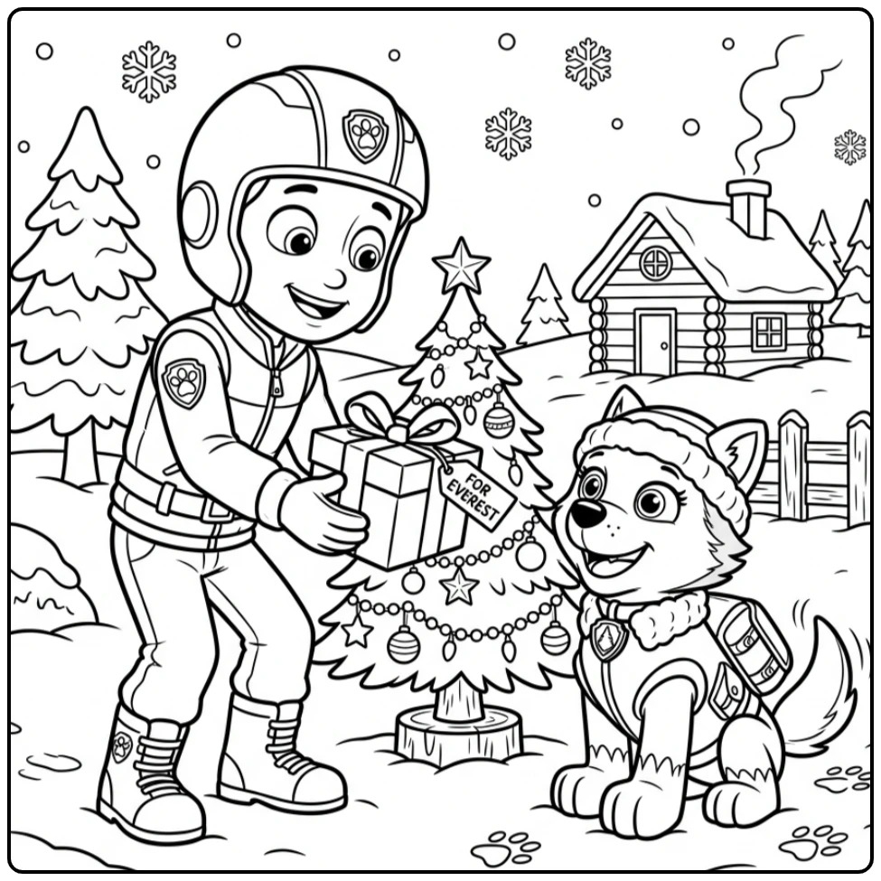 Ryder geeft een cadeau aan Everest, een vrolijke paw patrol kerst kleurplaat.