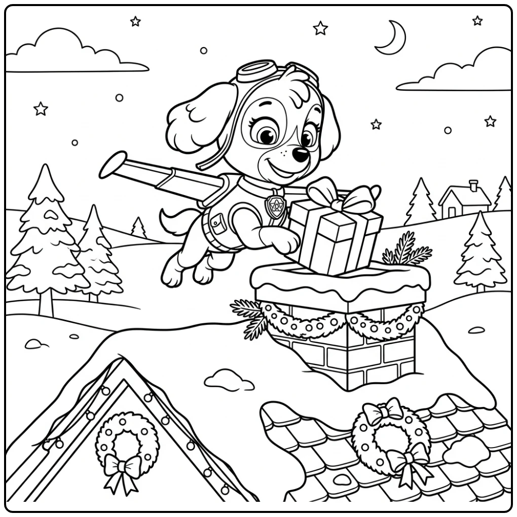 Skye van Paw Patrol op dak levert cadeau; paw patrol kerst kleurplaat
