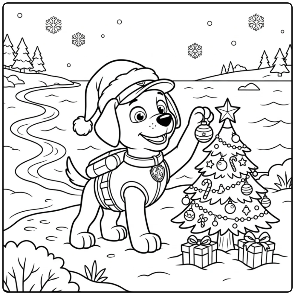 Zuma versiert kerstboom aan besneeuwde kust – paw patrol kerst kleurplaat