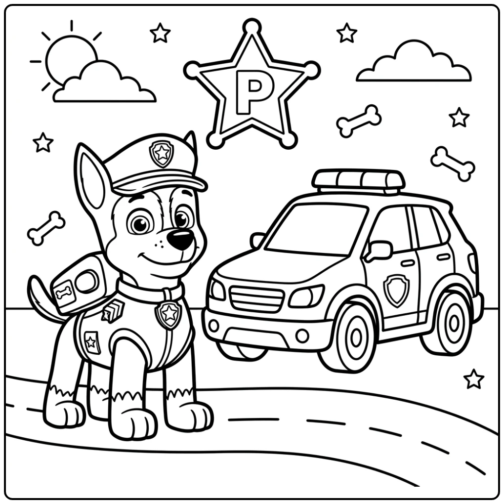 Chase naast politieauto: paw patrol kleurplaat makkelijk voor plezier.
