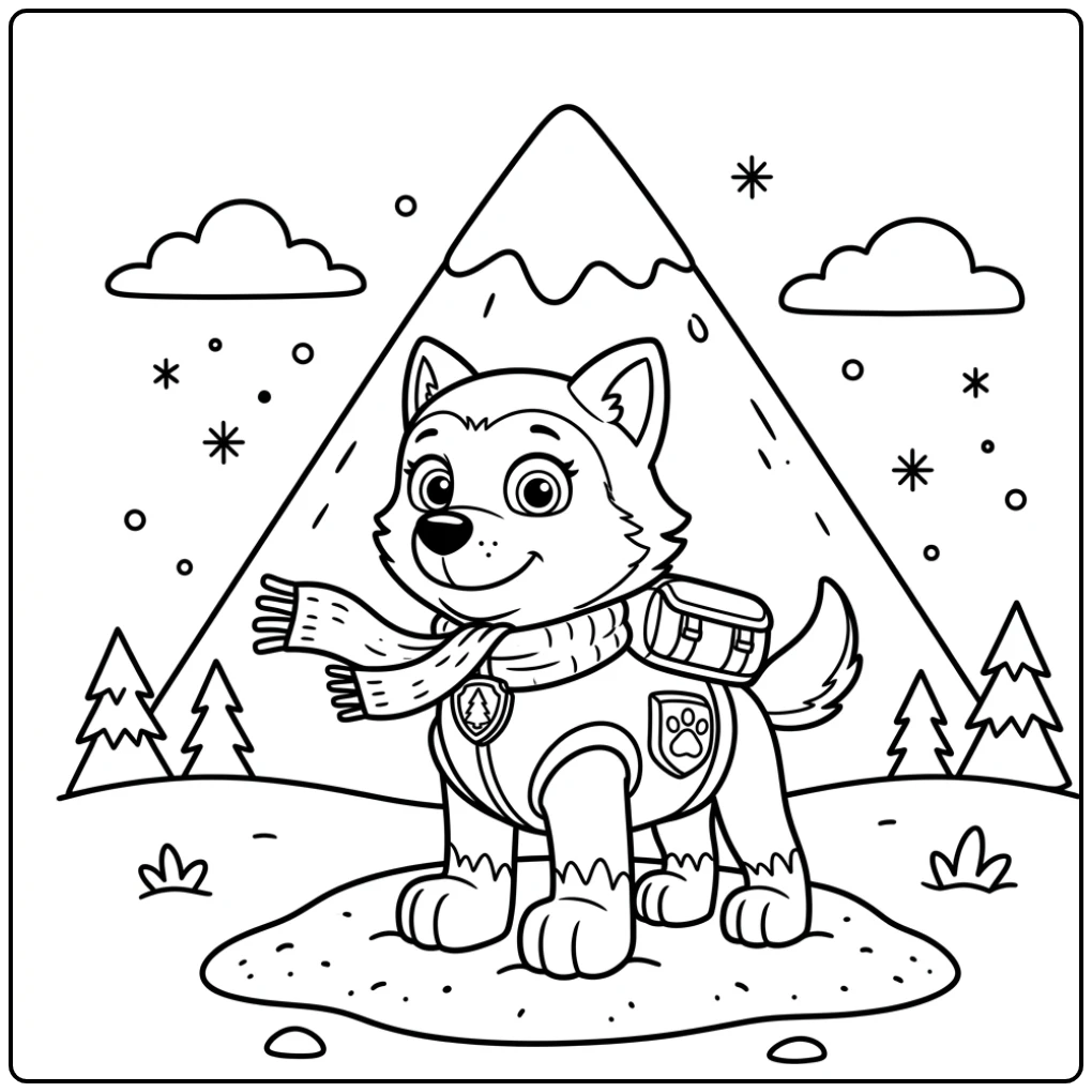 Everest van Paw Patrol in de sneeuw, paw patrol kleurplaat makkelijk