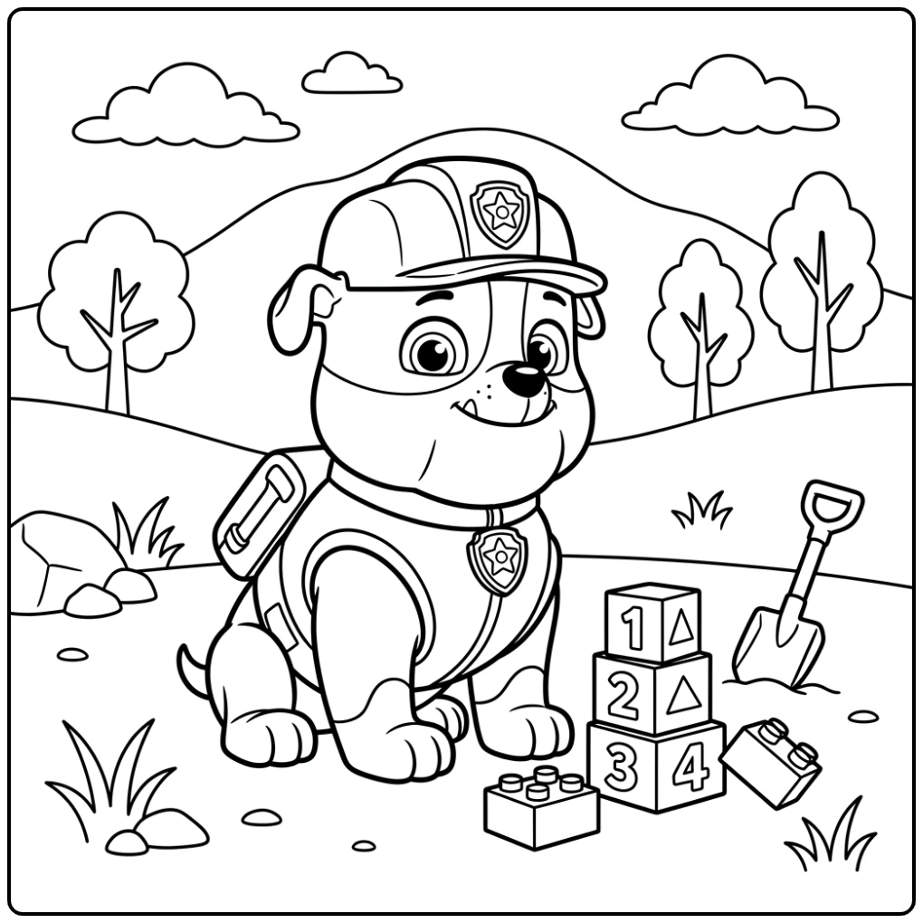 paw patrol kleurplaat makkelijk van Rubble bij bouwblokken.