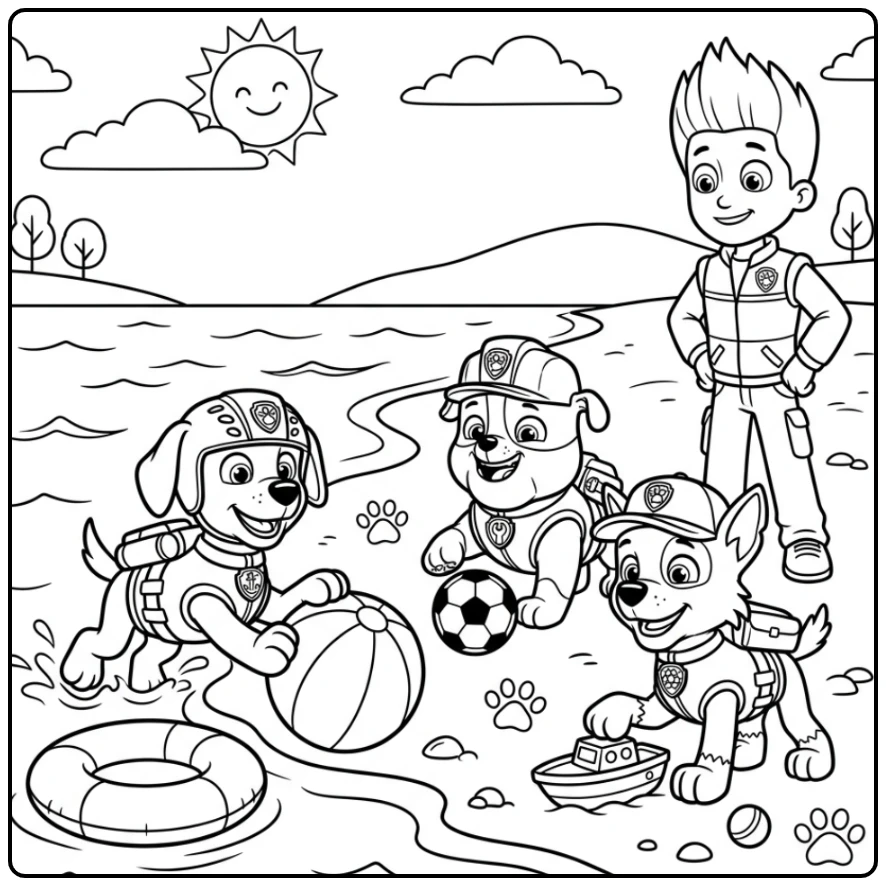 Rubble, Zuma, Rocky spelen, Ryder kijkt trots – paw patrol kleurplaat makkelijk