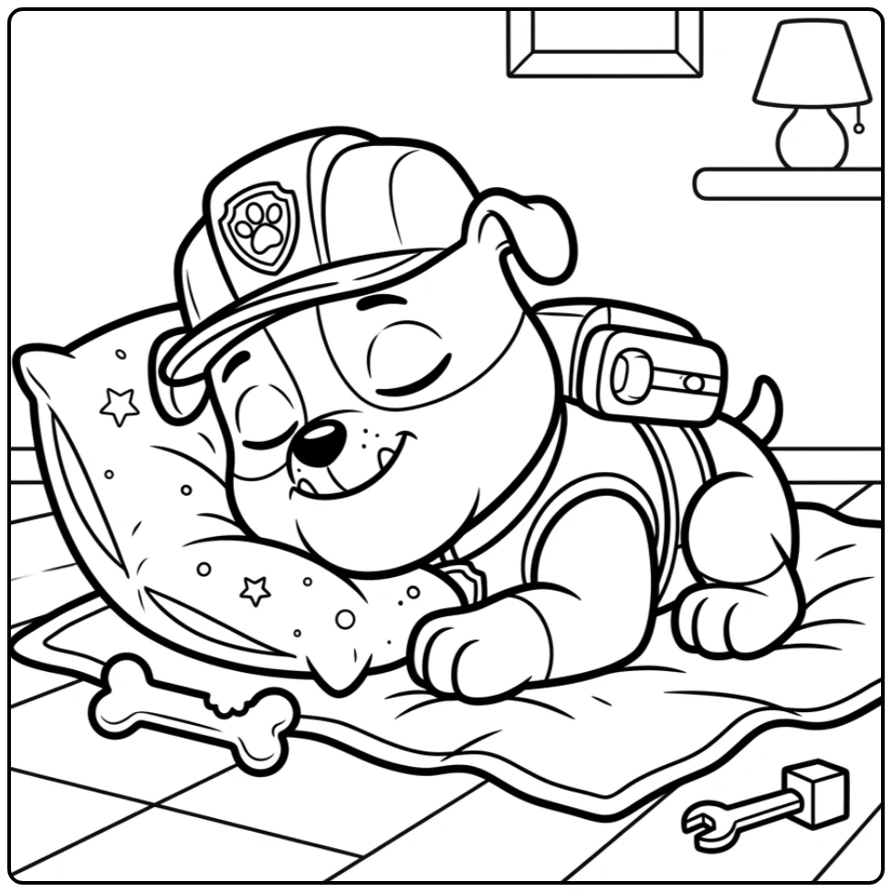 Rubble rustend met een botje en kussen, paw patrol kleurplaat makkelijk.