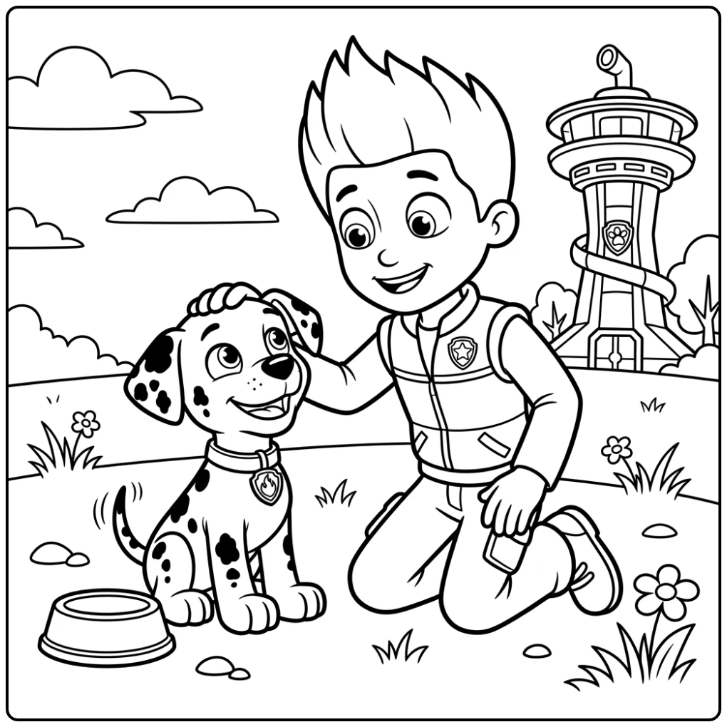 Ryder aait een blije puppy, paw patrol kleurplaat makkelijk voor kids.