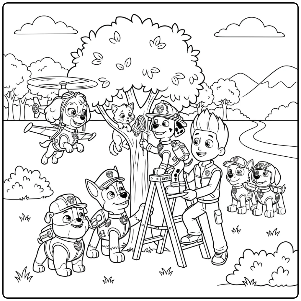 Paw Patrol kleurplaat: Ryder en team redden kitten uit boom.