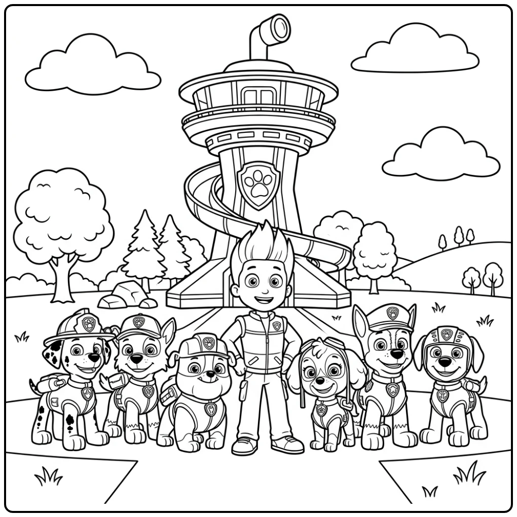 Paw Patrol kleurplaat: Ryder en team bij de Uitkijktoren, klaar voor actie
