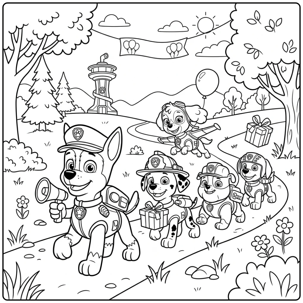paw patrol kleurplaat verjaardag met Chase en pups parade