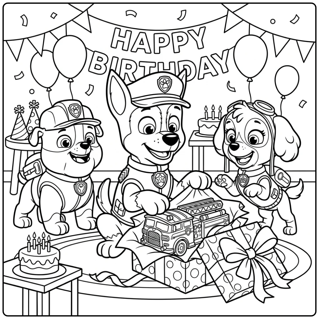 Spannende paw patrol kleurplaat verjaardag: Chase opent cadeau