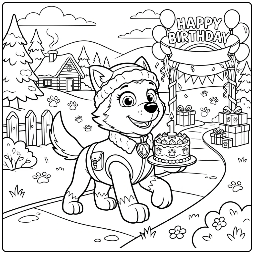 Everest draagt taart voor een paw patrol kleurplaat verjaardag feest.