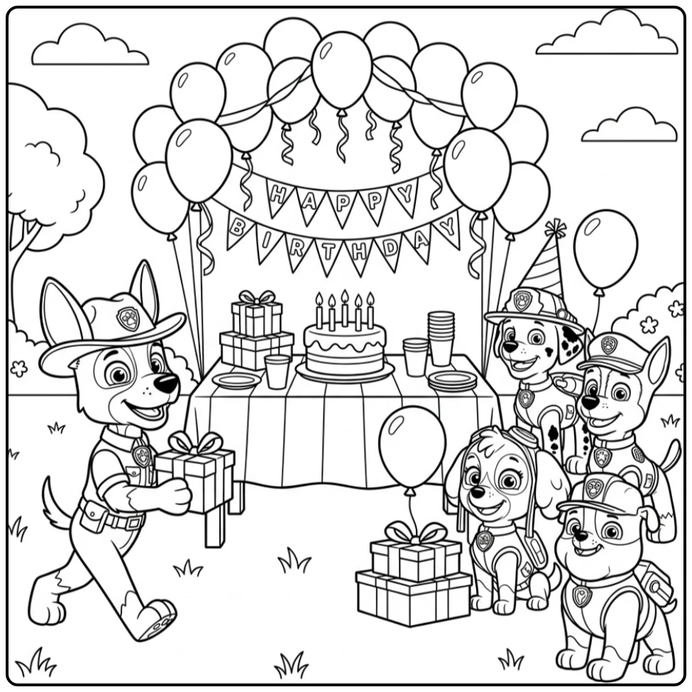 Tracker brengt een verjaardagscadeau: paw patrol kleurplaat verjaardag.