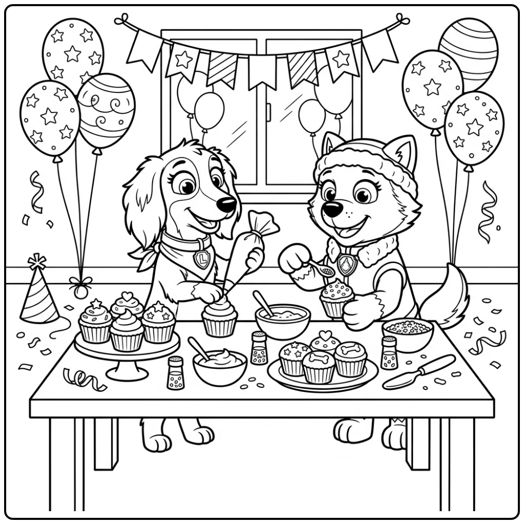 Liberty en Everest vieren feest op deze paw patrol kleurplaat verjaardag.