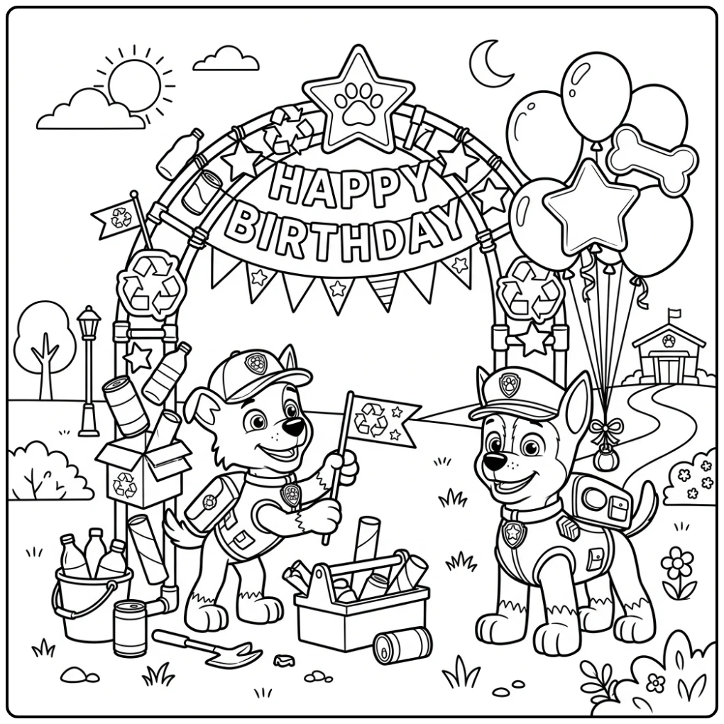 Rocky en Chase maken feestdecoratie: paw patrol kleurplaat verjaardag.