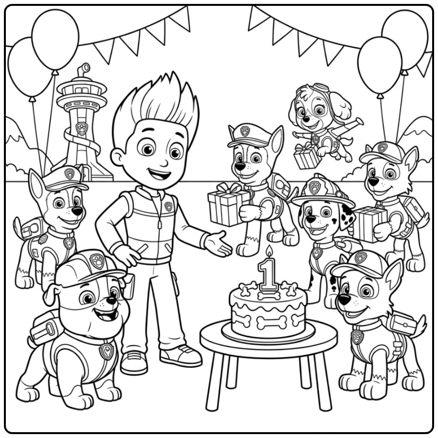 Vrolijke paw patrol kleurplaat verjaardag voor Rubble met vrienden.