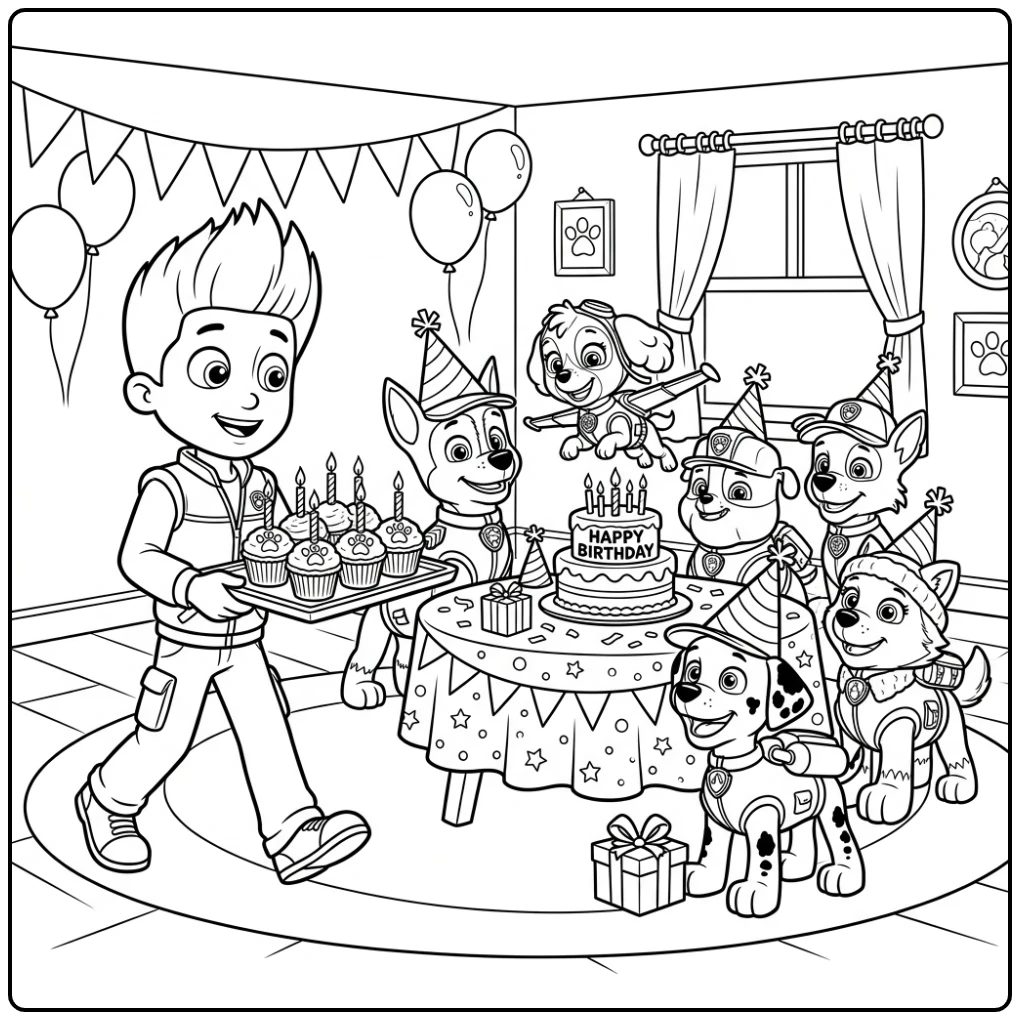 Vrolijke paw patrol kleurplaat verjaardag met Ryder en pups.