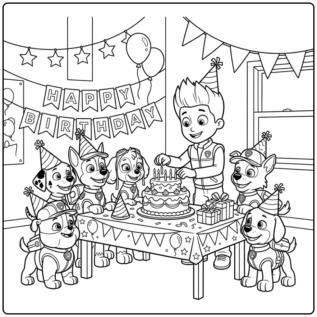 Leuke paw patrol kleurplaat verjaardag met Ryder en blije pups bij taart.