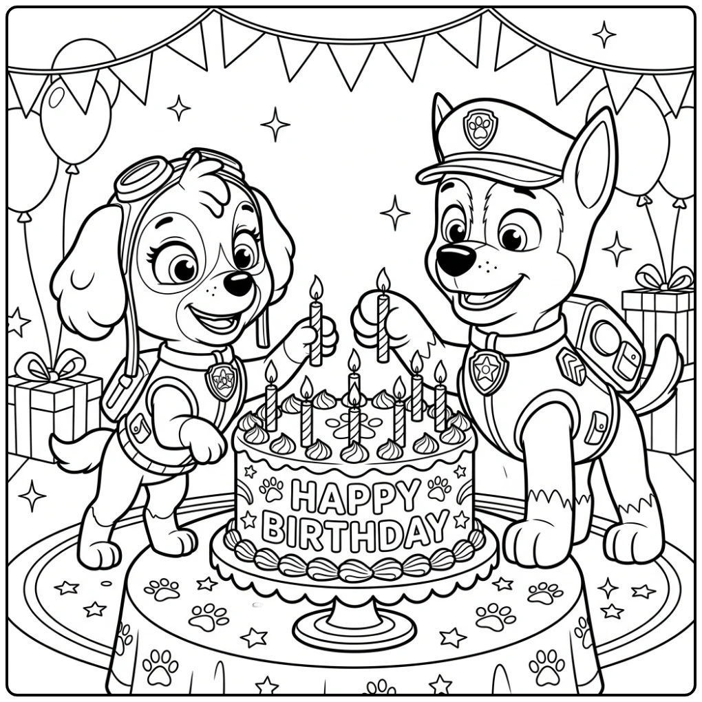 Skye en Chase versieren een paw patrol kleurplaat verjaardag taart.