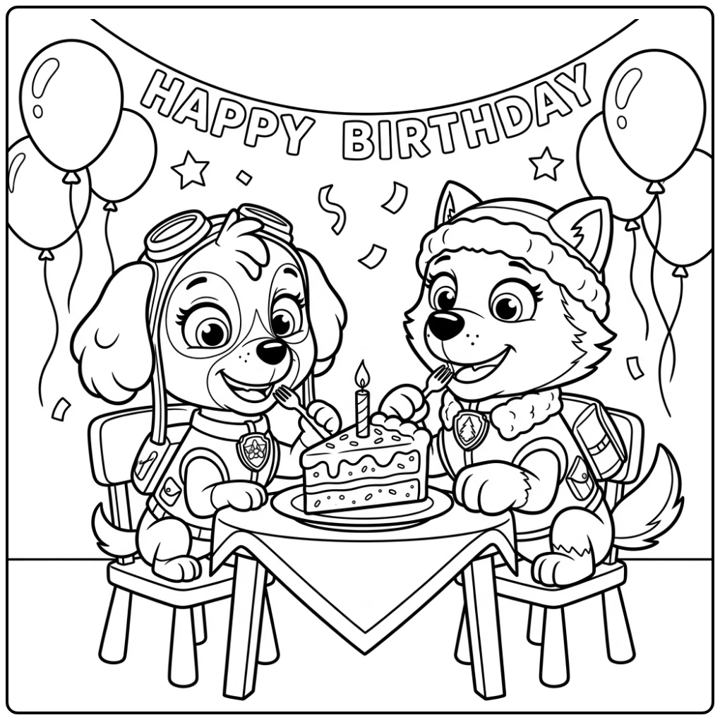 Paw Patrol kleurplaat verjaardag: Skye & Everest delen taart bij decoraties.