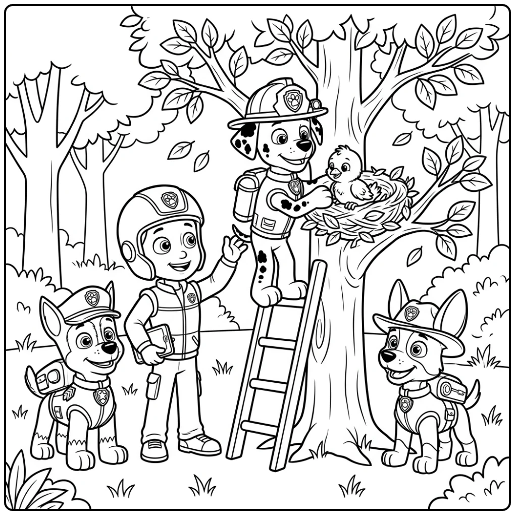 Marshall helpt babyvogel: kleurplaat paw patrol marshall heldendaad