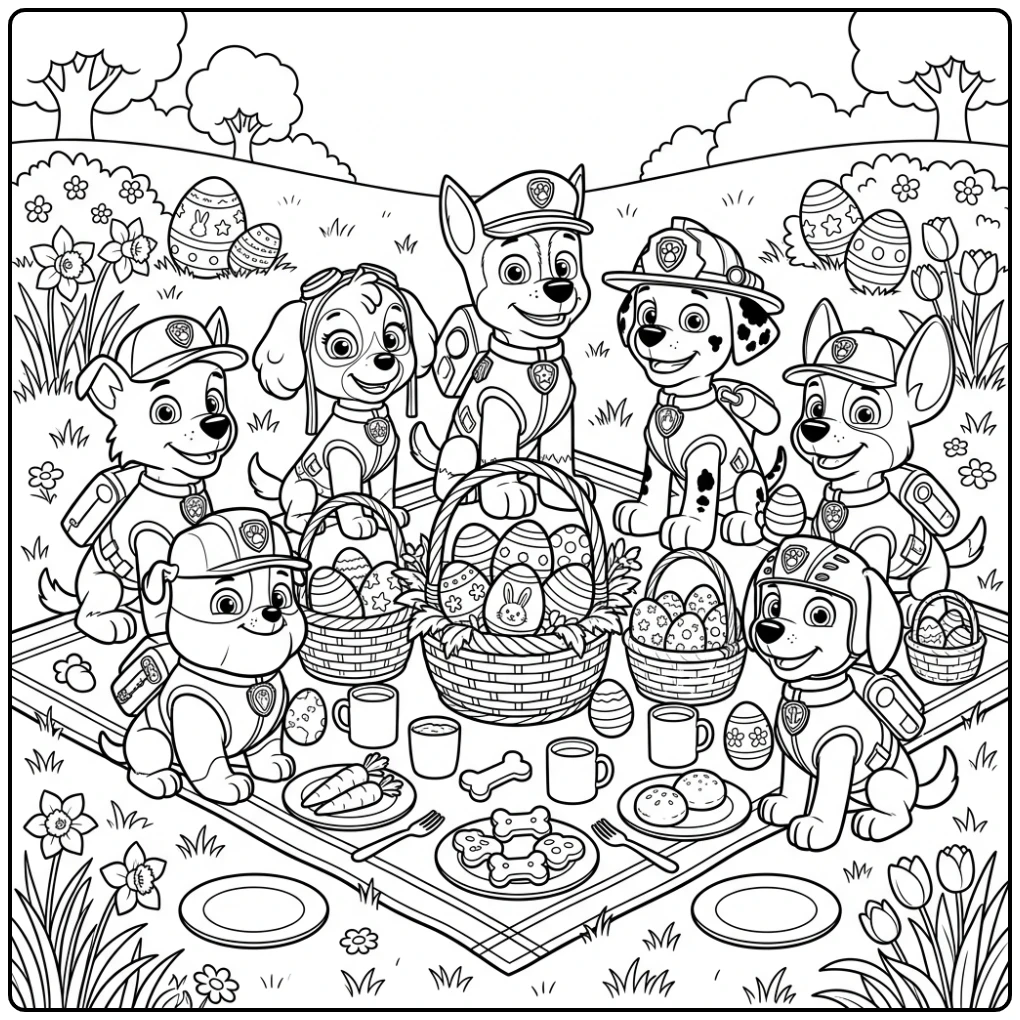 kleurplaat paw patrol pasen: Het team viert Paas picknick met eieren.