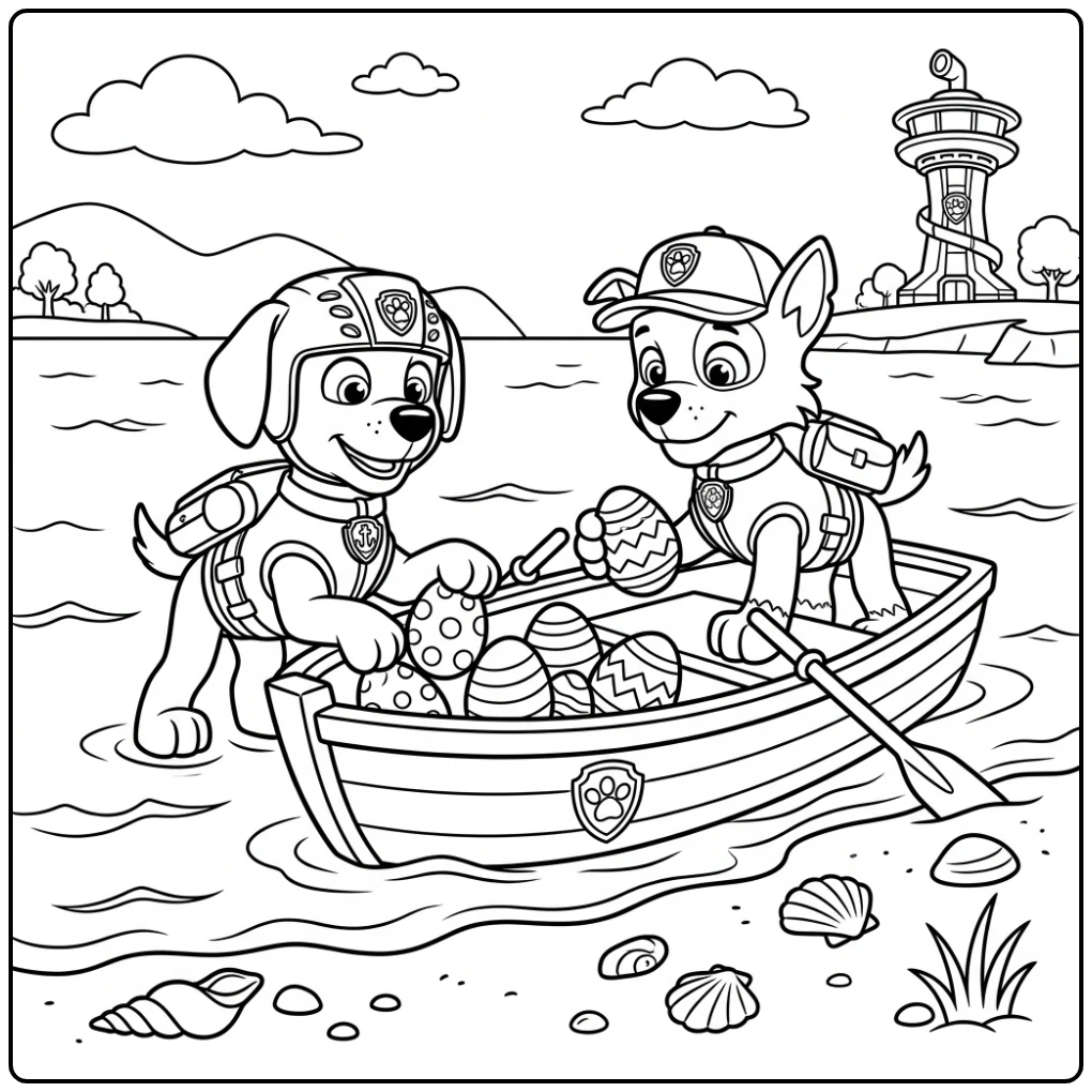 kleurplaat paw patrol pasen: Zuma & Rocky vullen boot met eieren aan zee