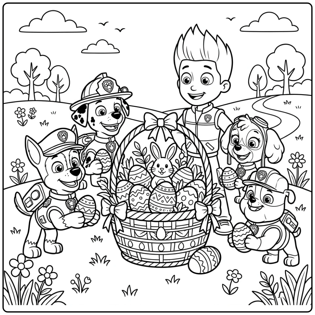 Vrolijke kleurplaat paw patrol pasen: team rond paasmand.