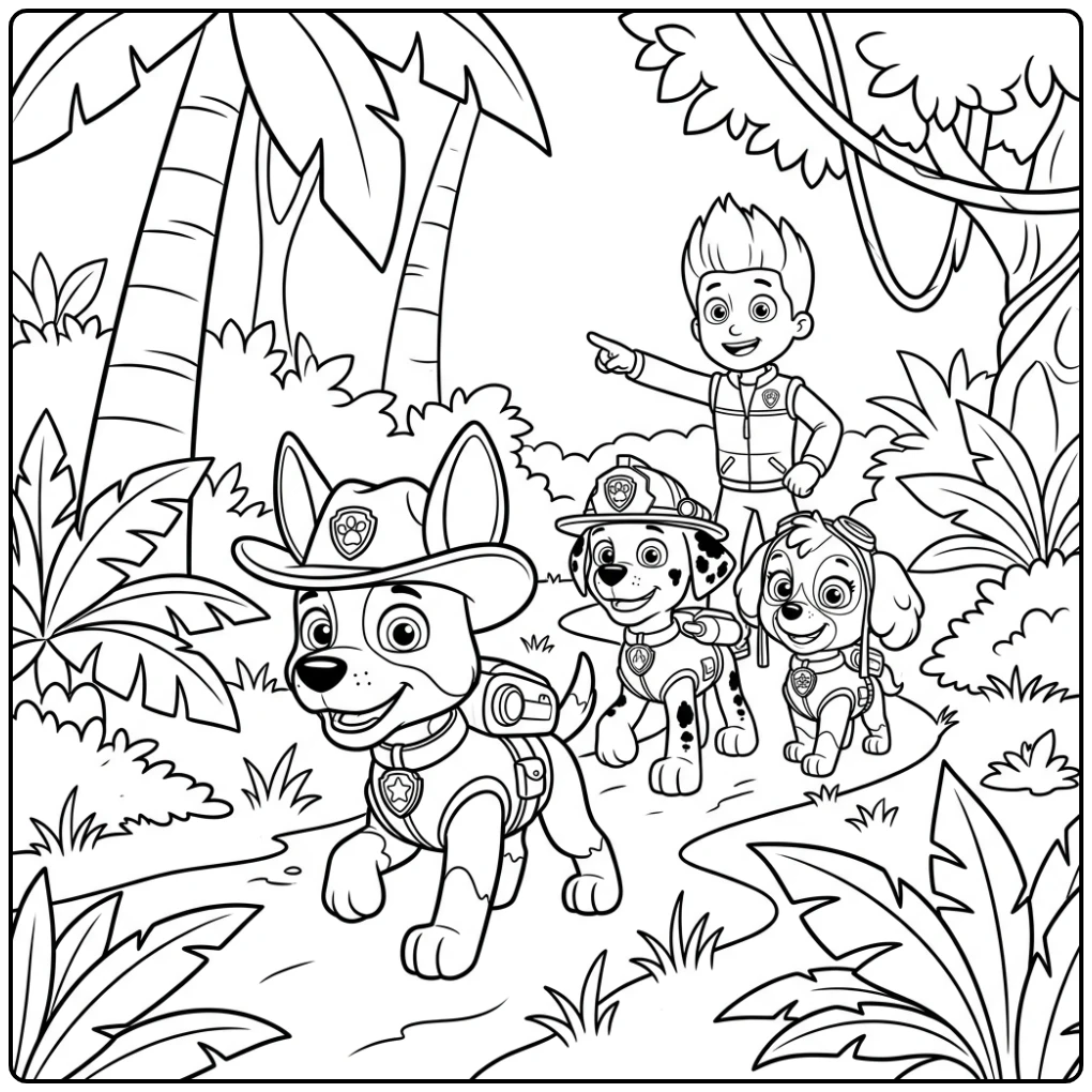 kleurplaat paw patrol tracker: jungle avontuur met Marshall & Skye