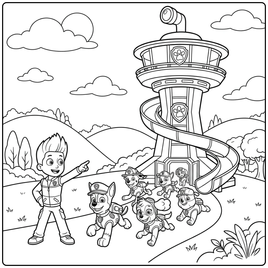 Paw Patrol uitkijktoren kleurplaat: pups vertrekken voor missie