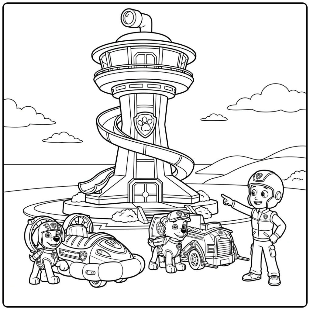 paw patrol uitkijktoren kleurplaat met Ryder, Zuma en Rocky