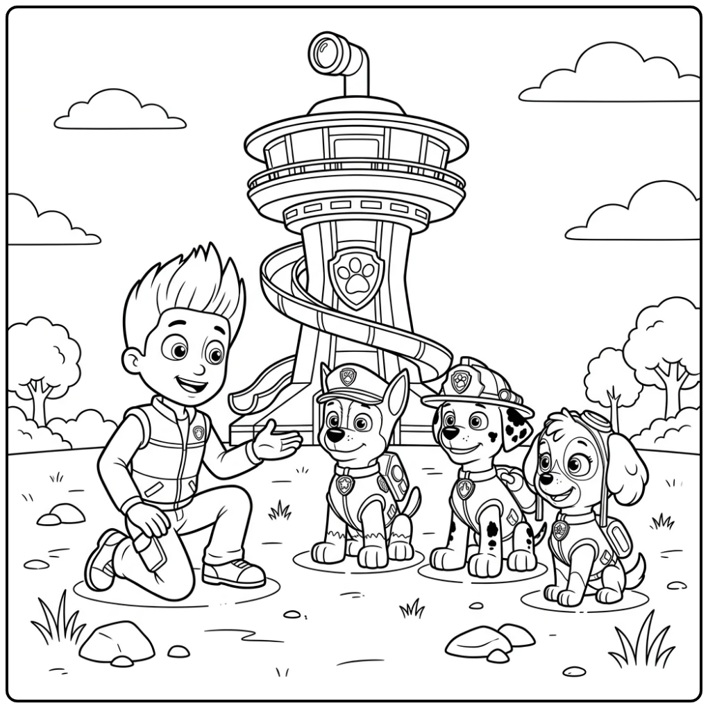 paw patrol uitkijktoren kleurplaat: Ryder brieft pups bij de toren