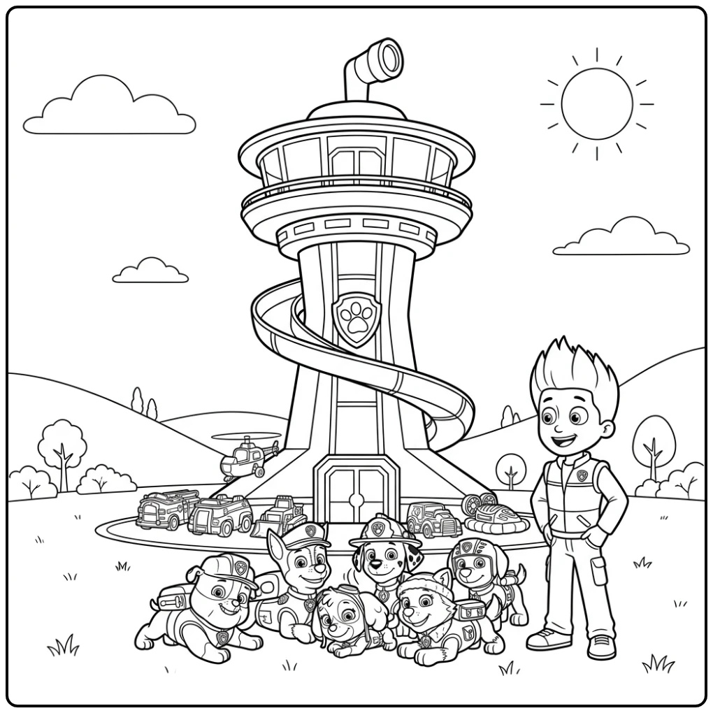 paw patrol uitkijktoren kleurplaat met pups en Ryder na missie