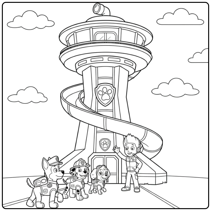 Paw Patrol uitkijktoren kleurplaat met Ryder en terugkerende pups