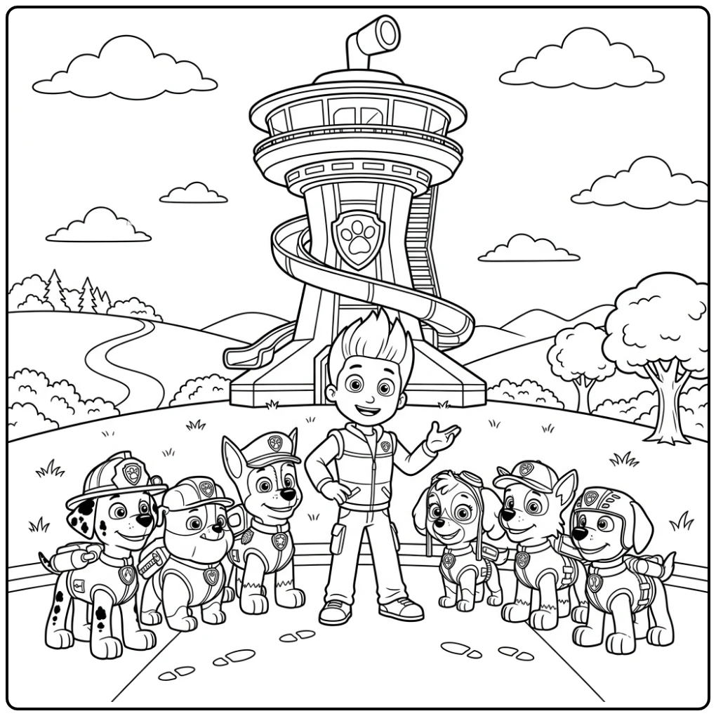 paw patrol uitkijktoren kleurplaat met Ryder en het team