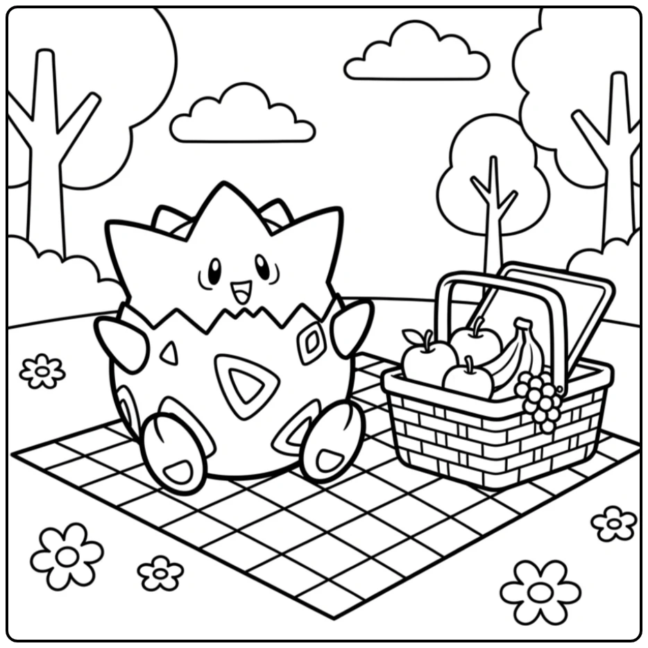 Gezellige Pokemon Togepi kleurplaat met een picknick.