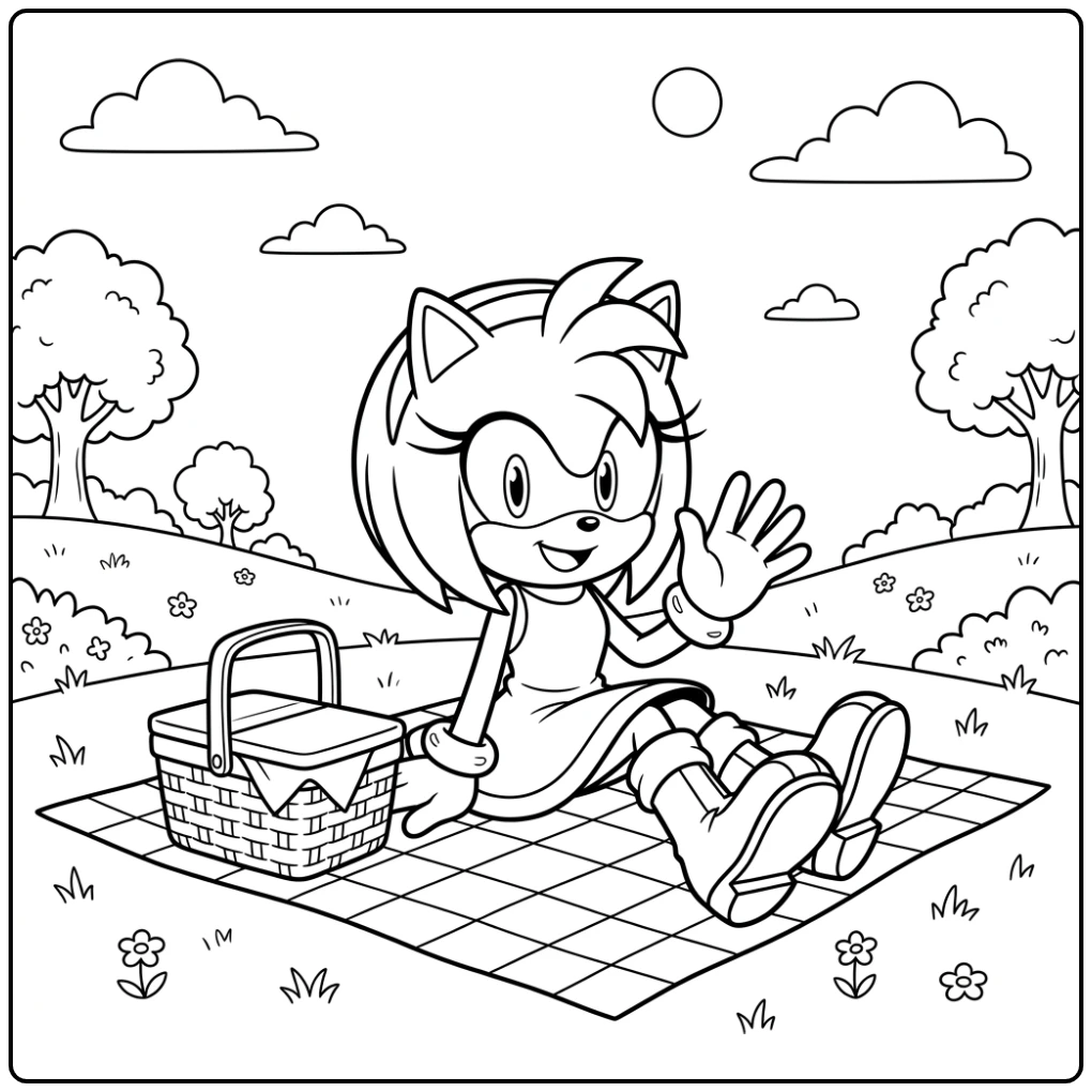 Amy Rose zit vrolijk op picknickdeken, een ideale amy sonic kleurplaat.