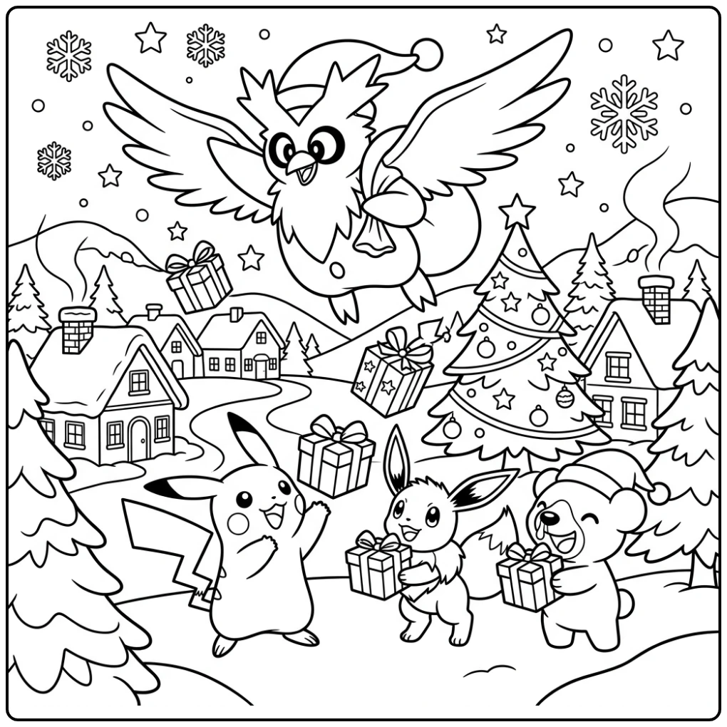 Delibird bezorgt kerstcadeaus in sneeuwdorp; pokemon kerst kleurplaat