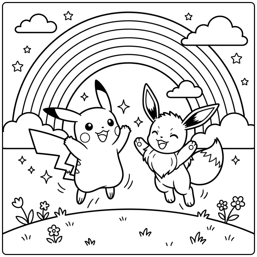 Vrolijke kleurplaat pokemon regenboog met Pikachu en Eevee die springen.