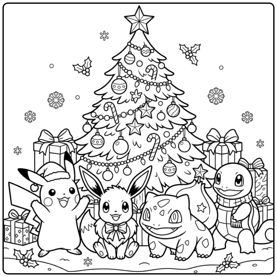Feestelijke pokemon kerst kleurplaat met favoriete starters