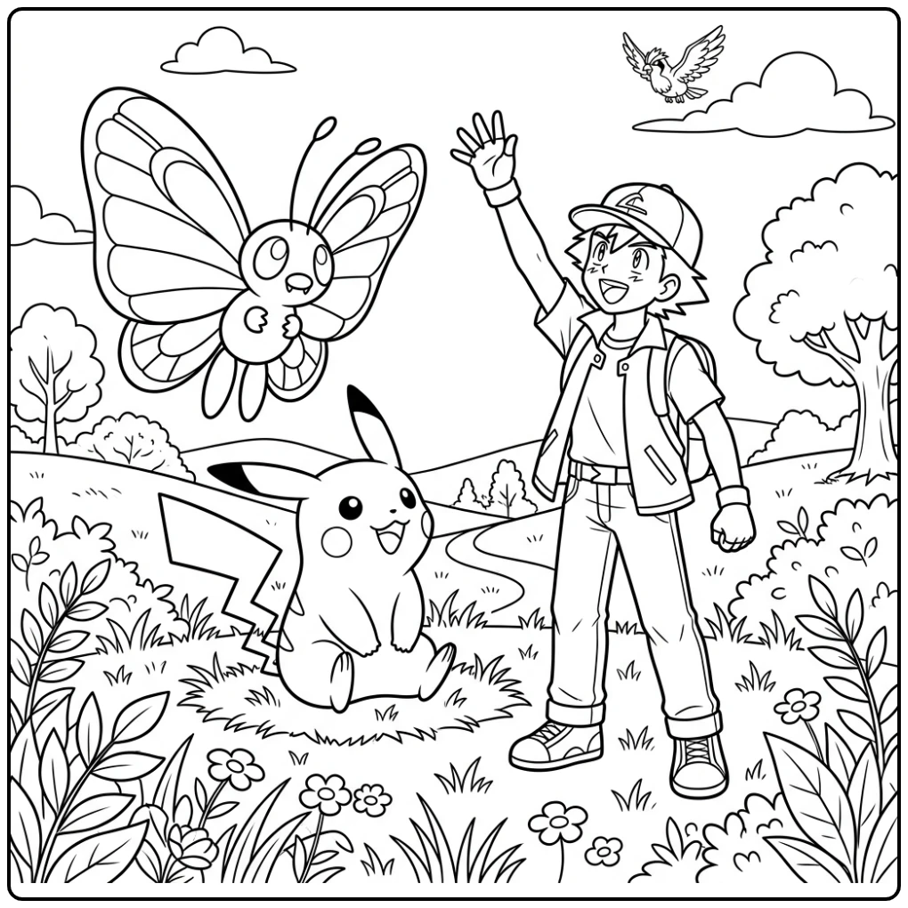 Leuke pikachu kleurplaat met Satoshi en Butterfree in veld.
