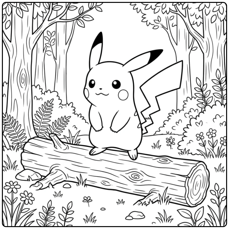 Leuke pikachu kleurplaat op een boomstam in het bos.