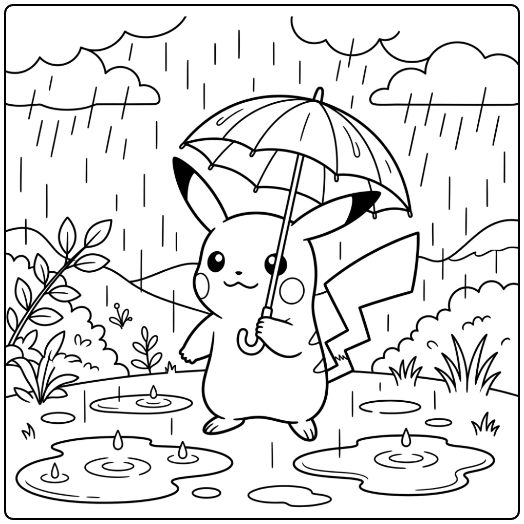 Schattige pikachu kleurplaat met paraplu in de regen.